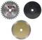 'Three different circular saw blades: one with red markings, a black smooth blade, and a gold blade with a metal edge.'