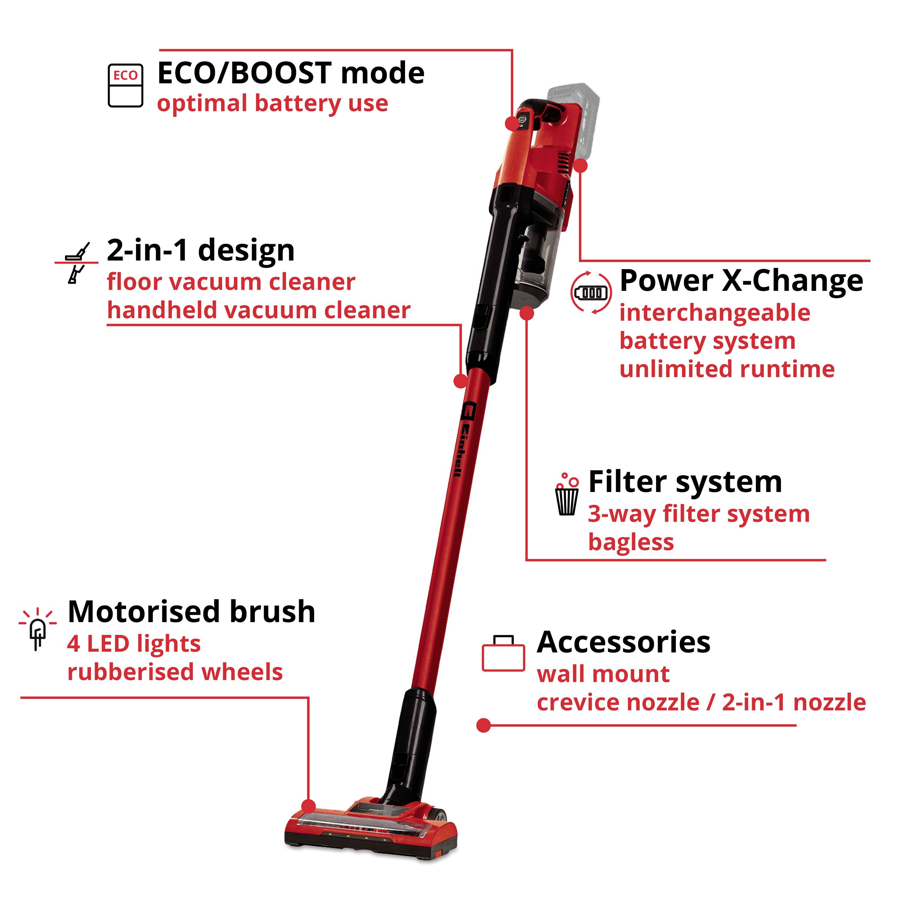 'Floor vacuum cleaner with ECO/BOOST mode, Power X-Change battery system, motorised brush, accessories; 2-in-1 handheld device.'