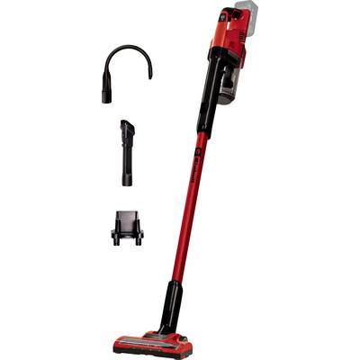 Red cordless stick vacuum cleaner shown disassembled into three parts, with brush head, detachable handle, and curved nozzle/attachment on a white background.