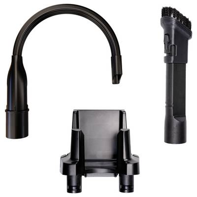 Black vacuum cleaner attachment set showing a curved hose nozzle, upright brush tool, and docking stand on a white background.