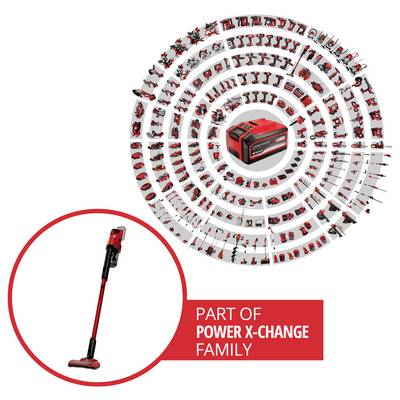Advertising image of a cordless vacuum cleaner as part of the Power X-Change family, surrounded by accessories arranged in a circle; at the bottom left the device in a circle, next to it the text 'PART OF POWER X-CHANGE FAMILY'.