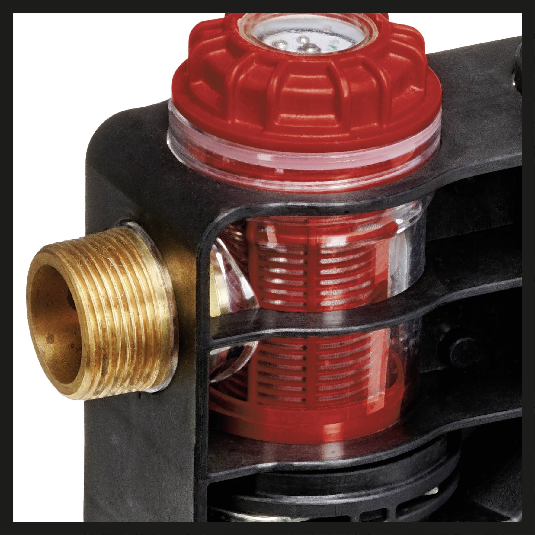 A red filter device with a transparent housing and a golden connection. It displays internal filter components.