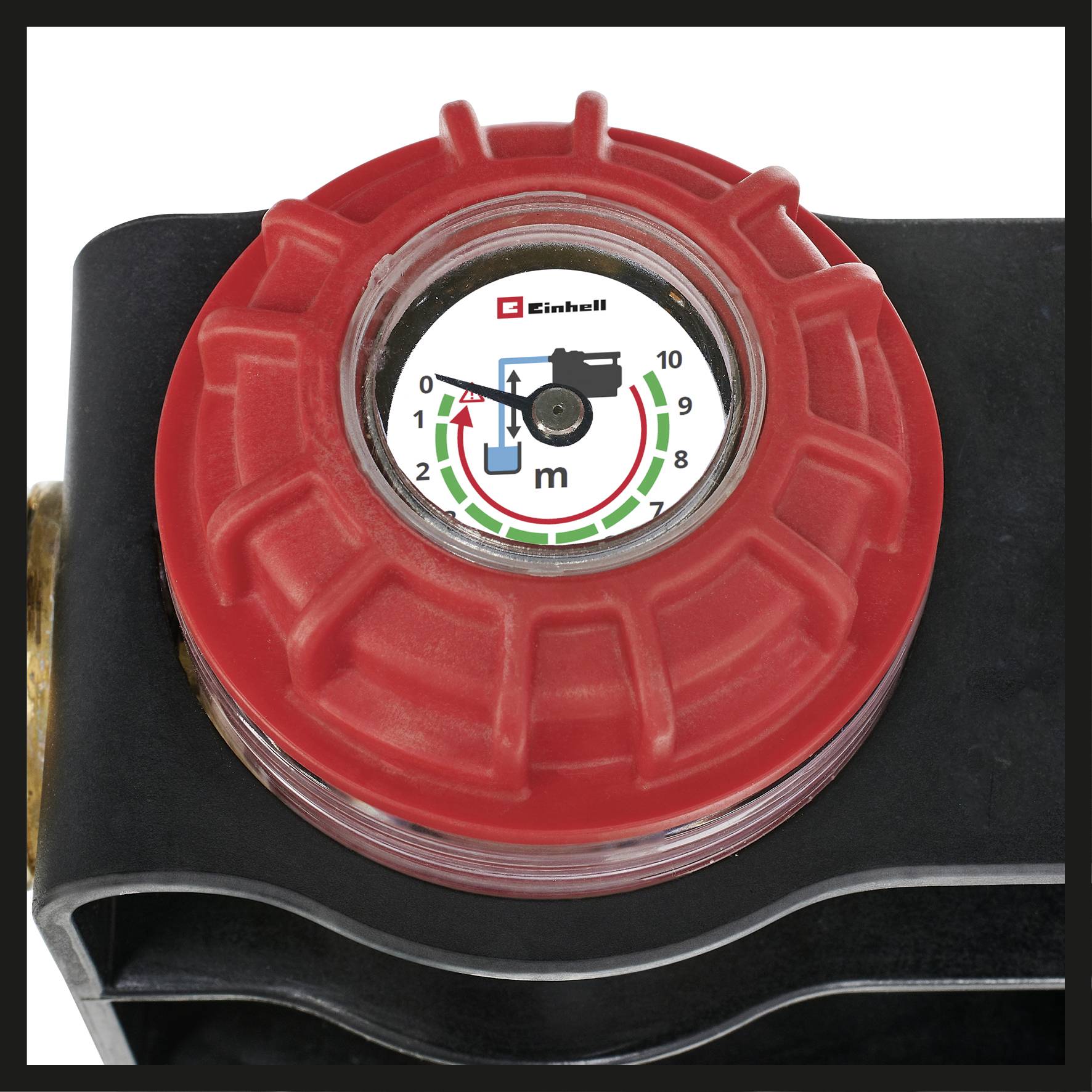 'Manometer with a red casing indicates pressure from 0 to 10 bar. Pointer is set to 8. Einhell logo at the top, measurement scale at the bottom.'