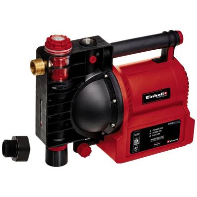 A red water pump with an integrated carrying handle, multiple valves and connections. 'Einhell' brand, model information visible.