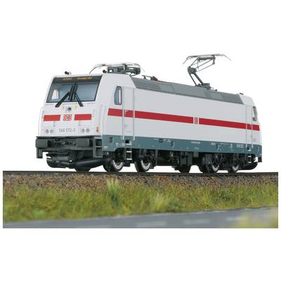 A white electric train of Deutsche Bahn with a red stripe on a railway track, focusing on the locomotive in the foreground.