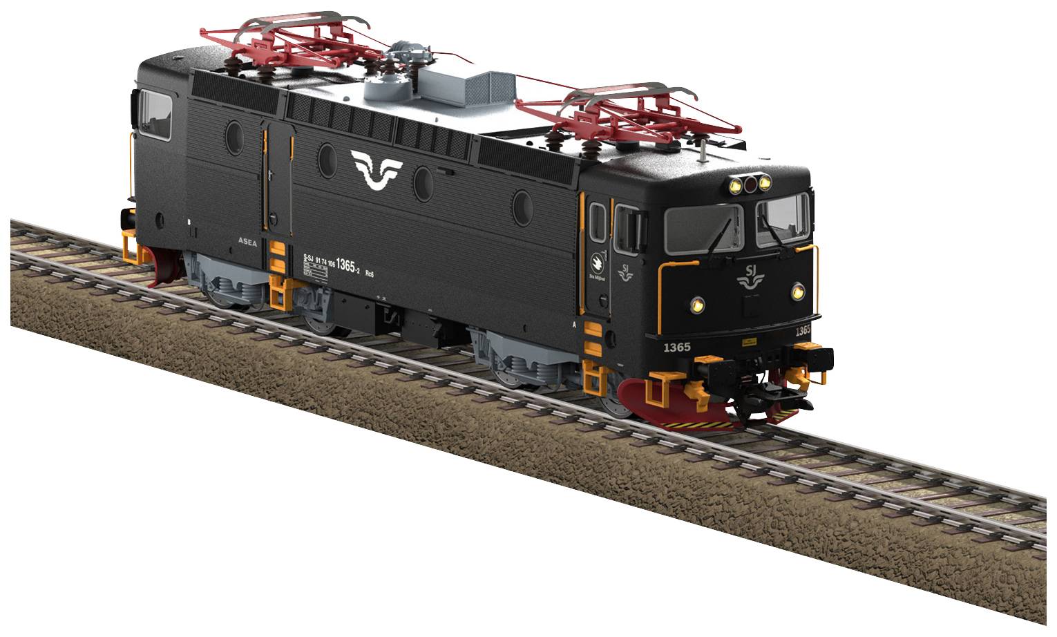 A black model train on a section of track, with red details and an emblem on the side, is travelling at a slightly tilted angle.