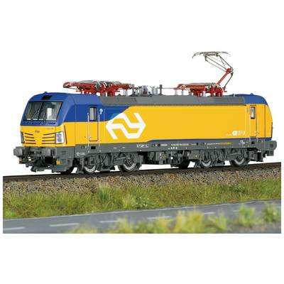 A yellow and blue electric locomotive of the Dutch railway (NS) is travelling on a track.