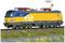 A yellow and blue electric locomotive of the Dutch railway (NS) is travelling on a track.
