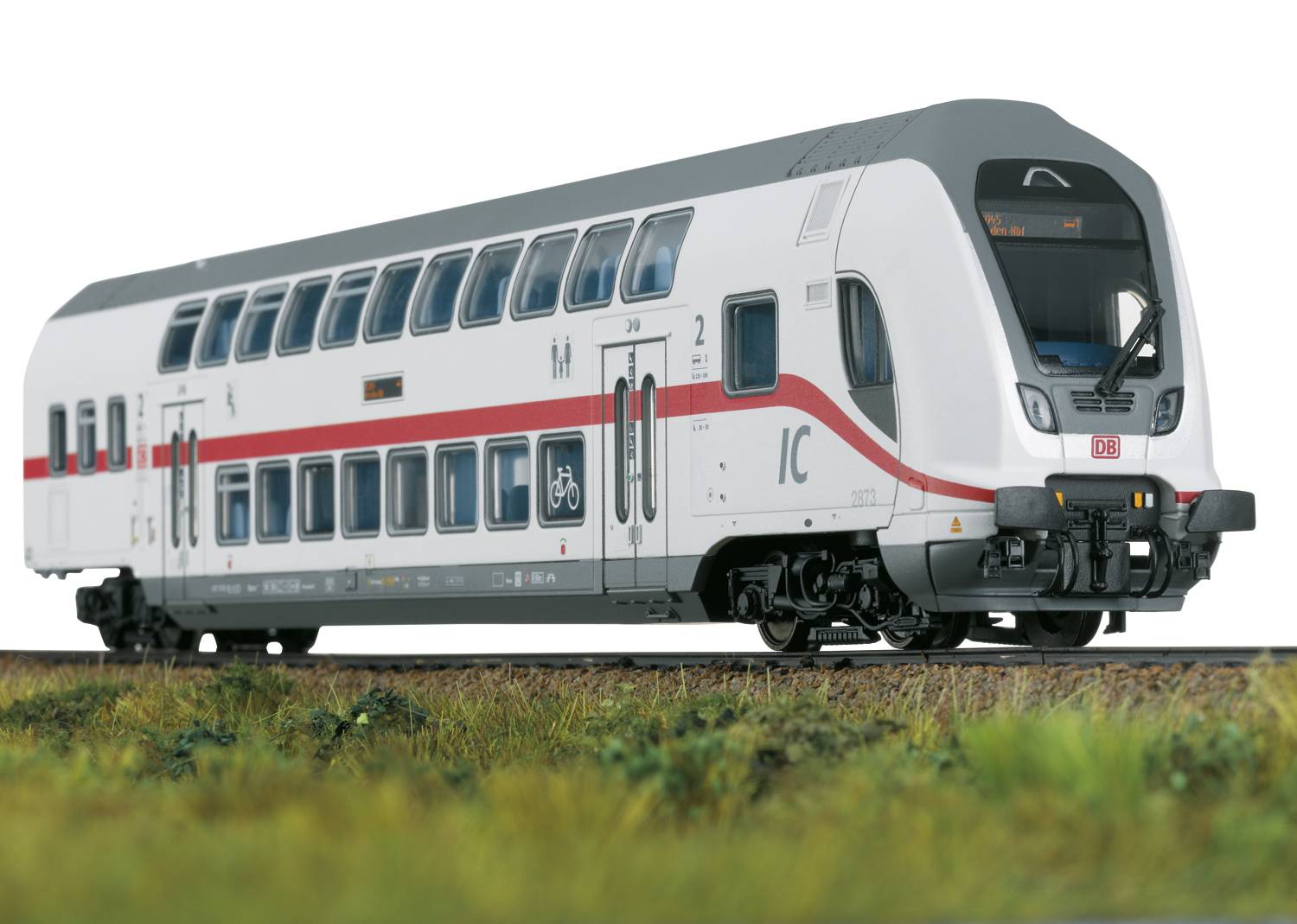 Double-decker Intercity train of Deutsche Bahn on railway tracks, viewed from a slightly angled front perspective.