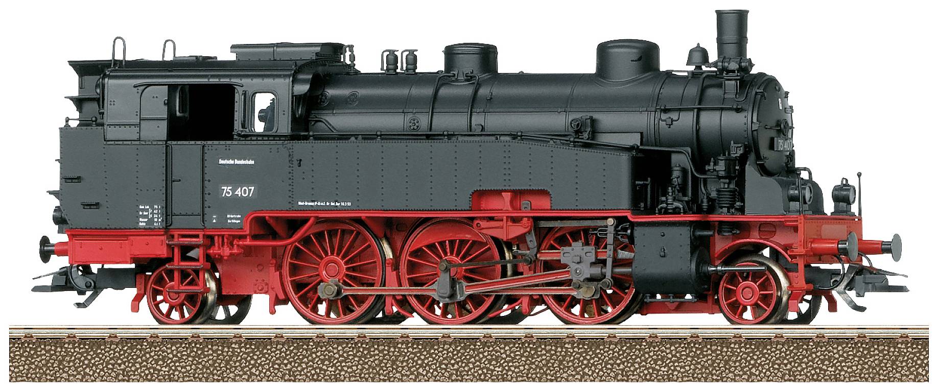 A black steam locomotive with red wheels stands on a section of railway track. The model has detailed fittings and protrusions.