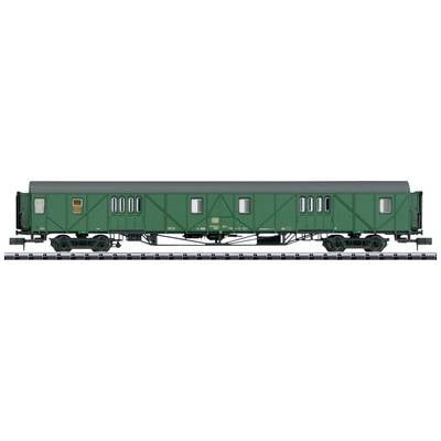 Green goods wagon with a dark roof on railway tracks, multiple doors and windows along the side view, suitable for model railway scene.