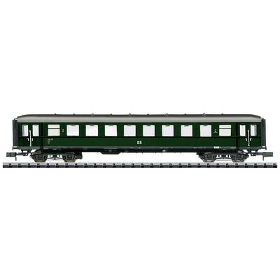 A dark green railway carriage stands on tracks. It has several windows and the number '2' on its side, along with the inscription 'DR'.