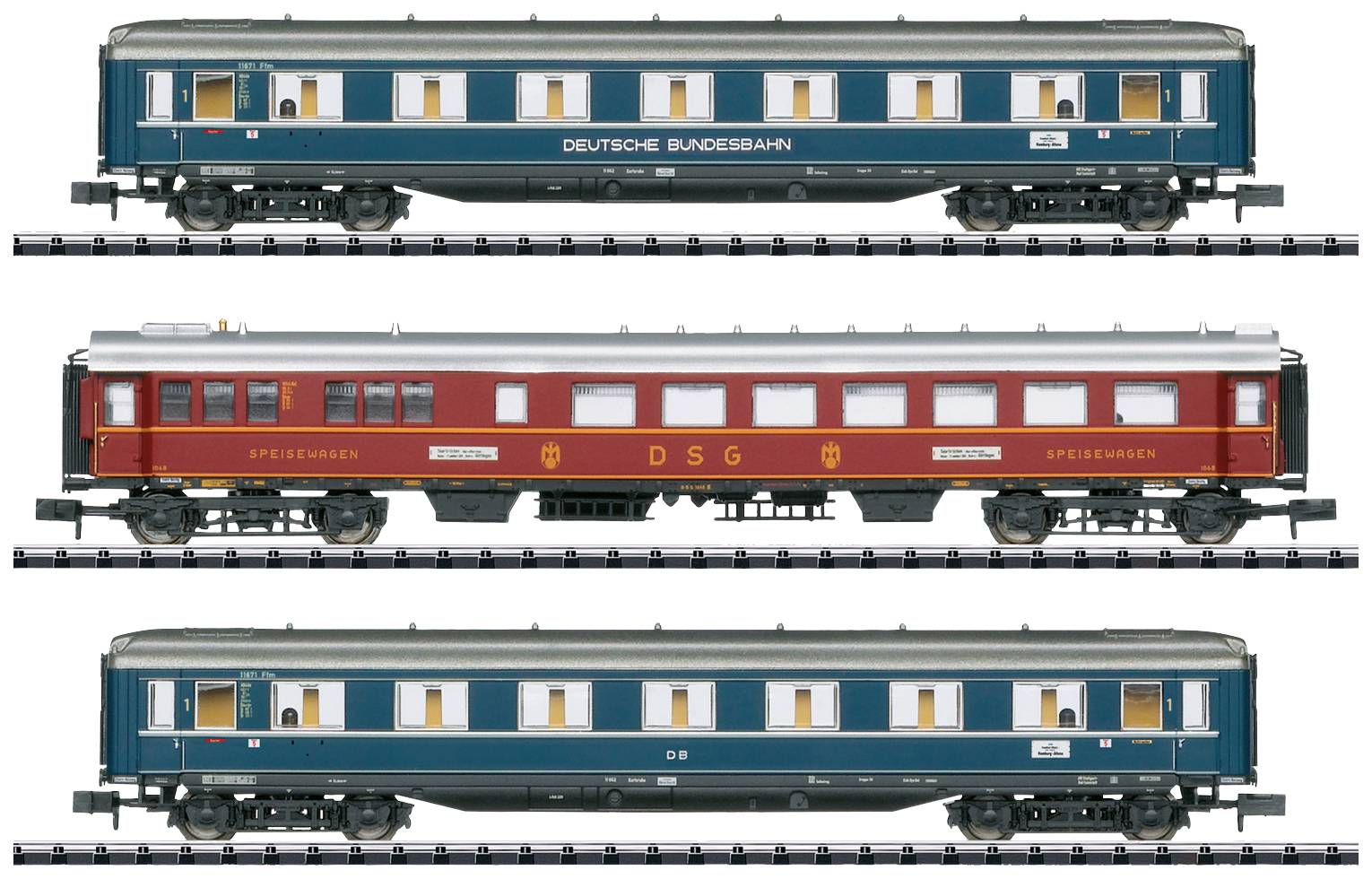 Image of MiniTrix 18259 N 3er set passenger car F-train F41 Senator of DB 1st class A4uee, abue-38, dining car WR4ue 3er set