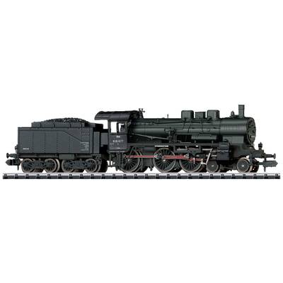 A black model of a steam locomotive on tracks, detailed with multiple wheels and a water tank, side view.