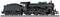 A black model of a steam locomotive on tracks, detailed with multiple wheels and a water tank, side view.