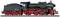 A black and red steam locomotive stands on a track. It has details such as a chimney, wheels, and coal wagon, typical of old trains.