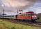 A red locomotive pulls several blue carriages along a model railway track, surrounded by green grass and a cloudy sky in the background.