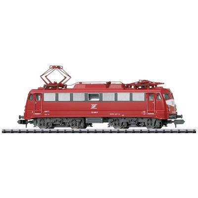 Red model of an electric locomotive on track, viewed from the side, with visible pantographs and chassis.