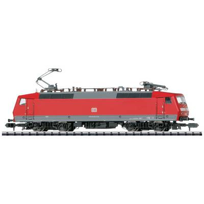 A red locomotive of Deutsche Bahn on a railway track. It has a modern design with a streamlined shape and pantograph.