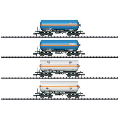 'Three goods wagons with coloured tank tops, on railway tracks. The upper two wagons are blue, the lower wagon is white.'