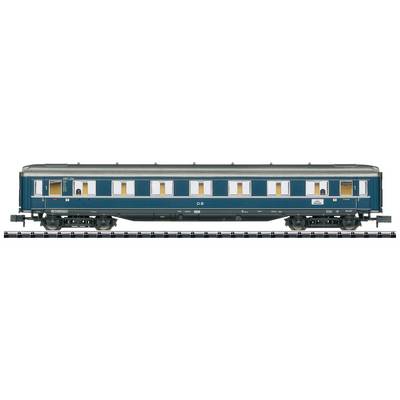 The image shows a blue Deutsche Bahn carriage with illuminated windows on a railway track.