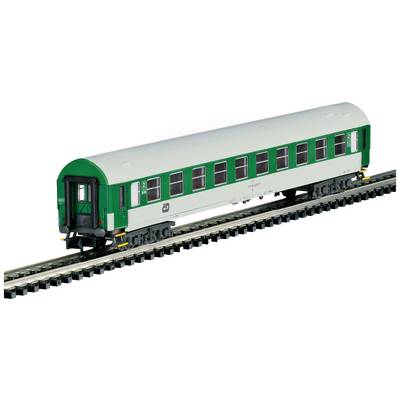 Green and white passenger train carriage on a track, scale model with detailed windows and doors, without visible labelling.