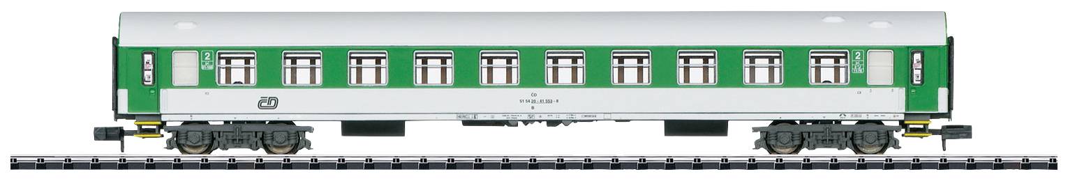 Green passenger carriage of the Czech railway on a track, with multiple windows and detailed undercarriage elements.