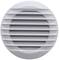 Round, white ventilation grille with horizontal louvres, used for ventilation and air circulation, against a grey background.