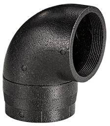 Black, angled plastic pipe connector, suitable for pipe systems, connects pipes at a 90-degree angle.