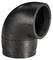 Black, angled plastic pipe connector, suitable for pipe systems, connects pipes at a 90-degree angle.