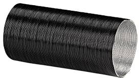 Black ribbed plastic tube, cylindrical in shape, potentially used for ventilation or piping.