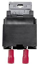 A black electric switch with two red electrical connectors at the bottom. Grey plastic housing with an indentation at the top.