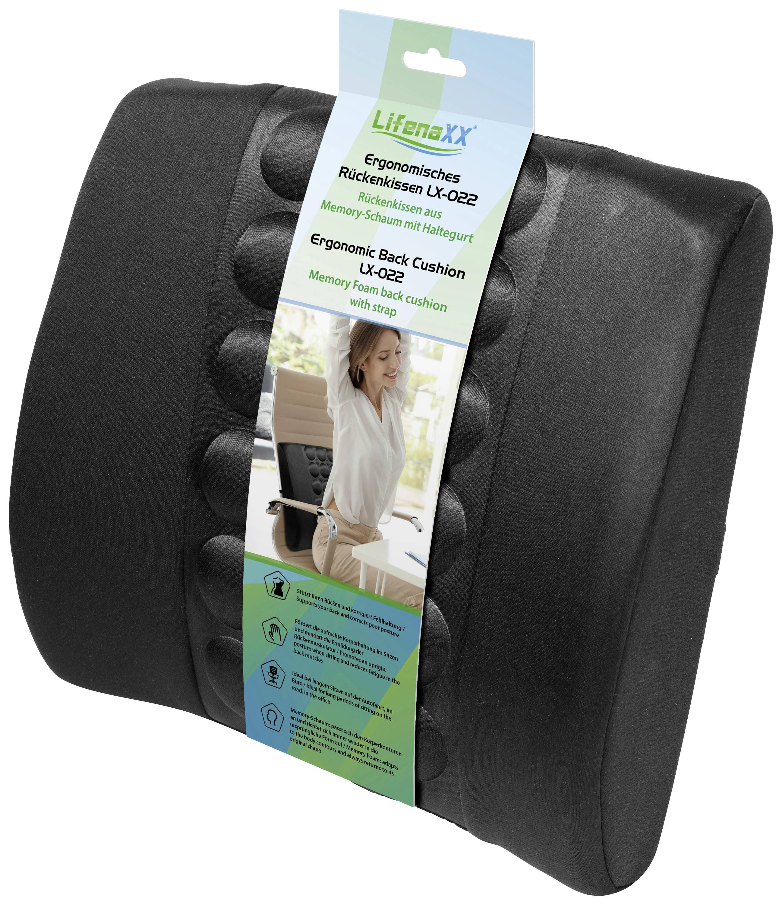 Ergonomic back cushion with massage nodules. Ideal for office chairs, provides support and comfort through memory foam.