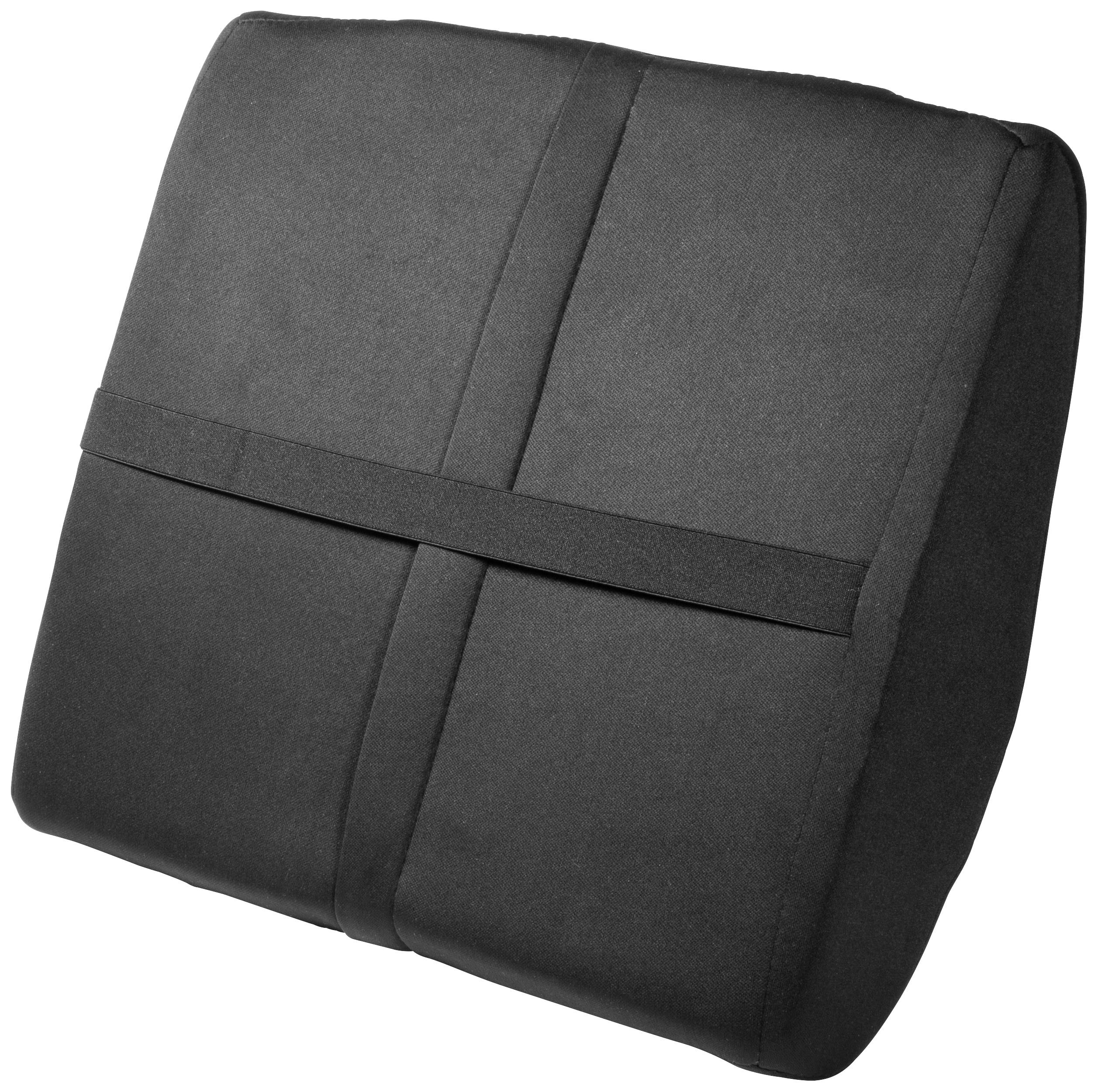 A black lumbar support cushion with a lower elastic band, used to support the back.