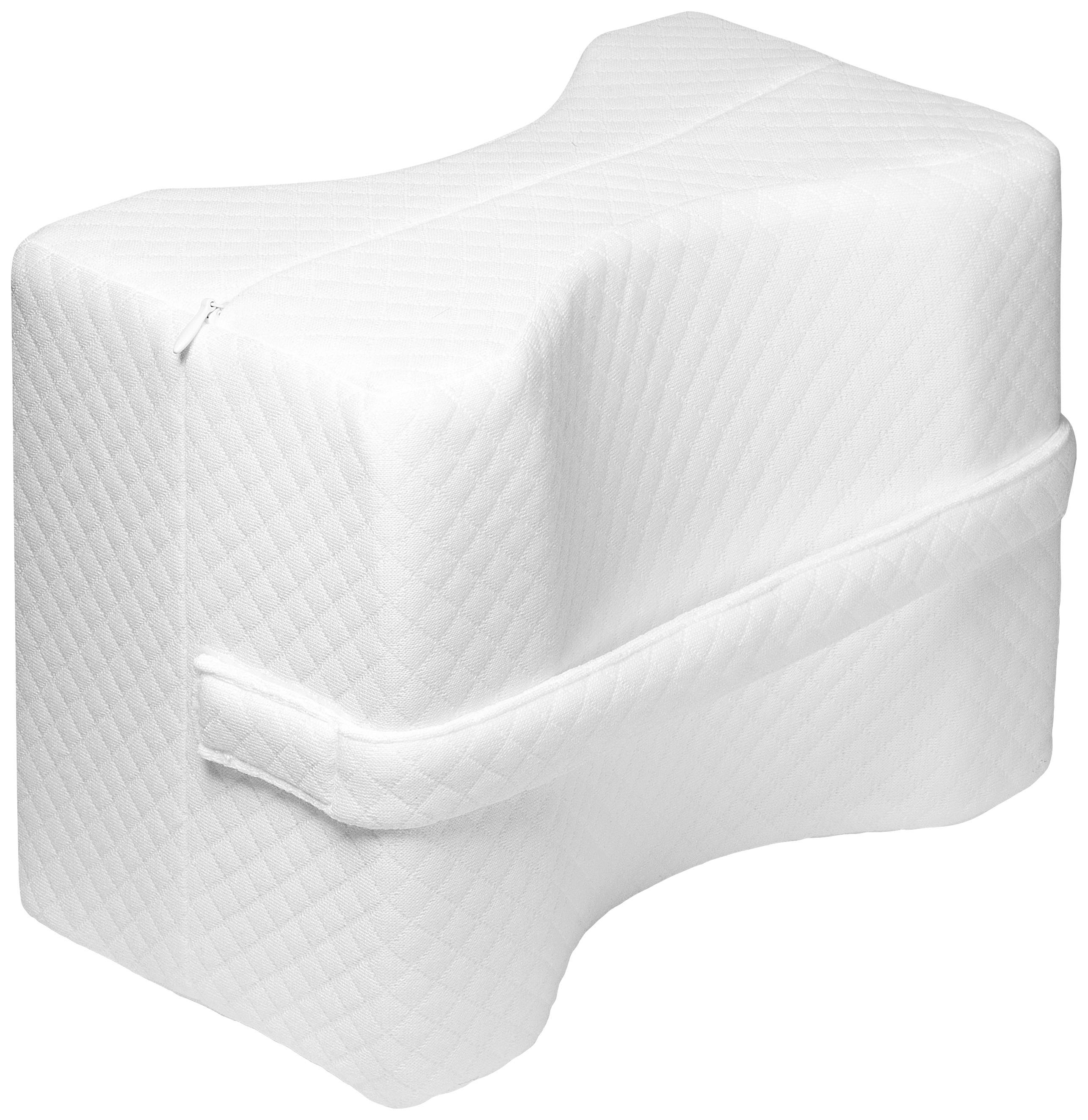 White, ergonomic foam knee cushion with removable cover, designed to be placed between the legs for improved sleeping comfort.