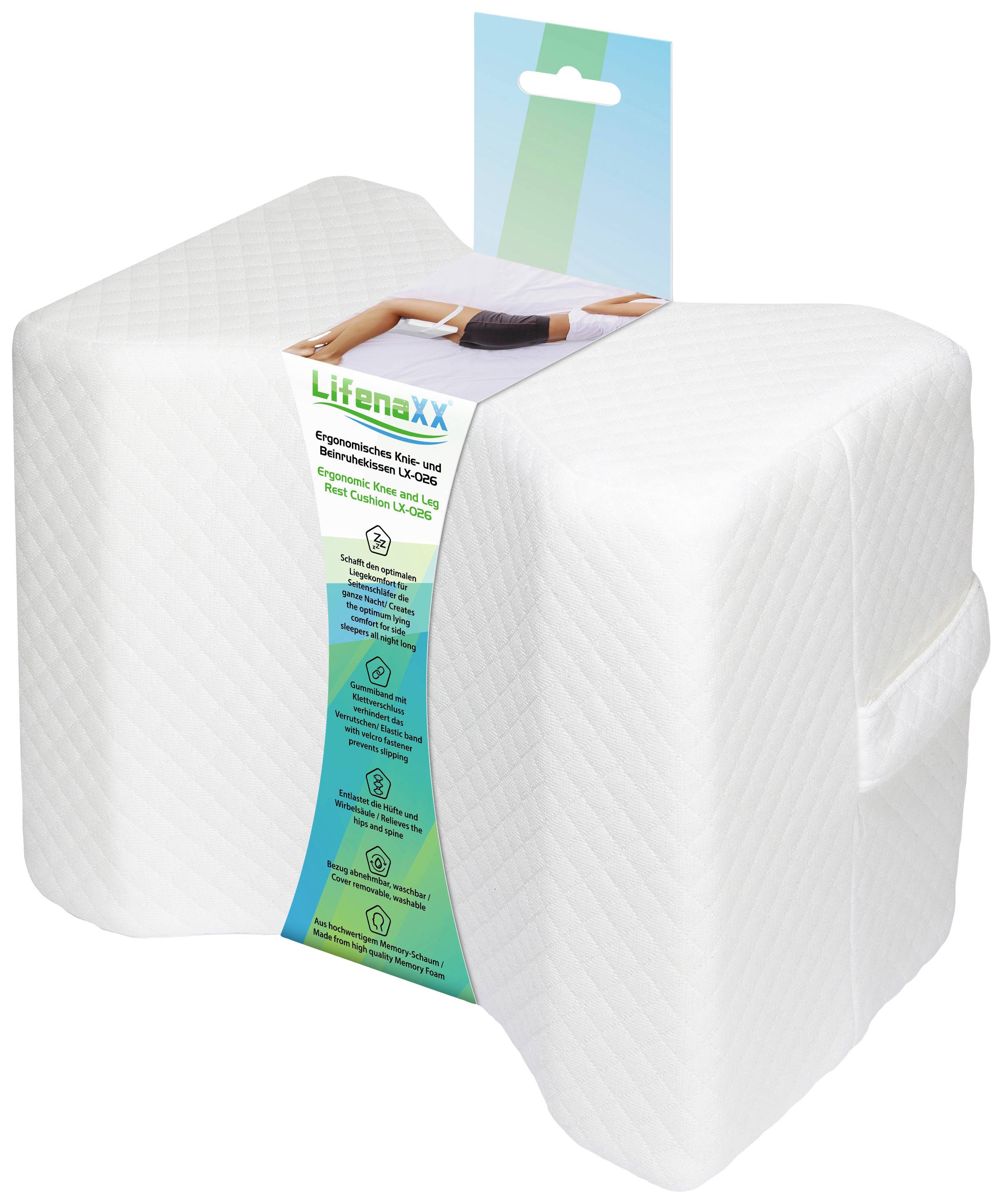 Knee cushion made from white material with label. It promotes a healthy sleeping position between the legs.