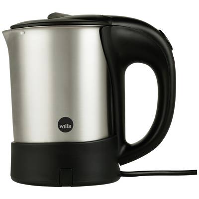 A stainless steel electric kettle with a black handle and base, with a mains cable standing beside it.