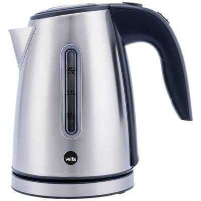 A silver, electric kettle with a black handle and transparent water level indicator.