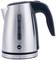 A silver, electric kettle with a black handle and transparent water level indicator.