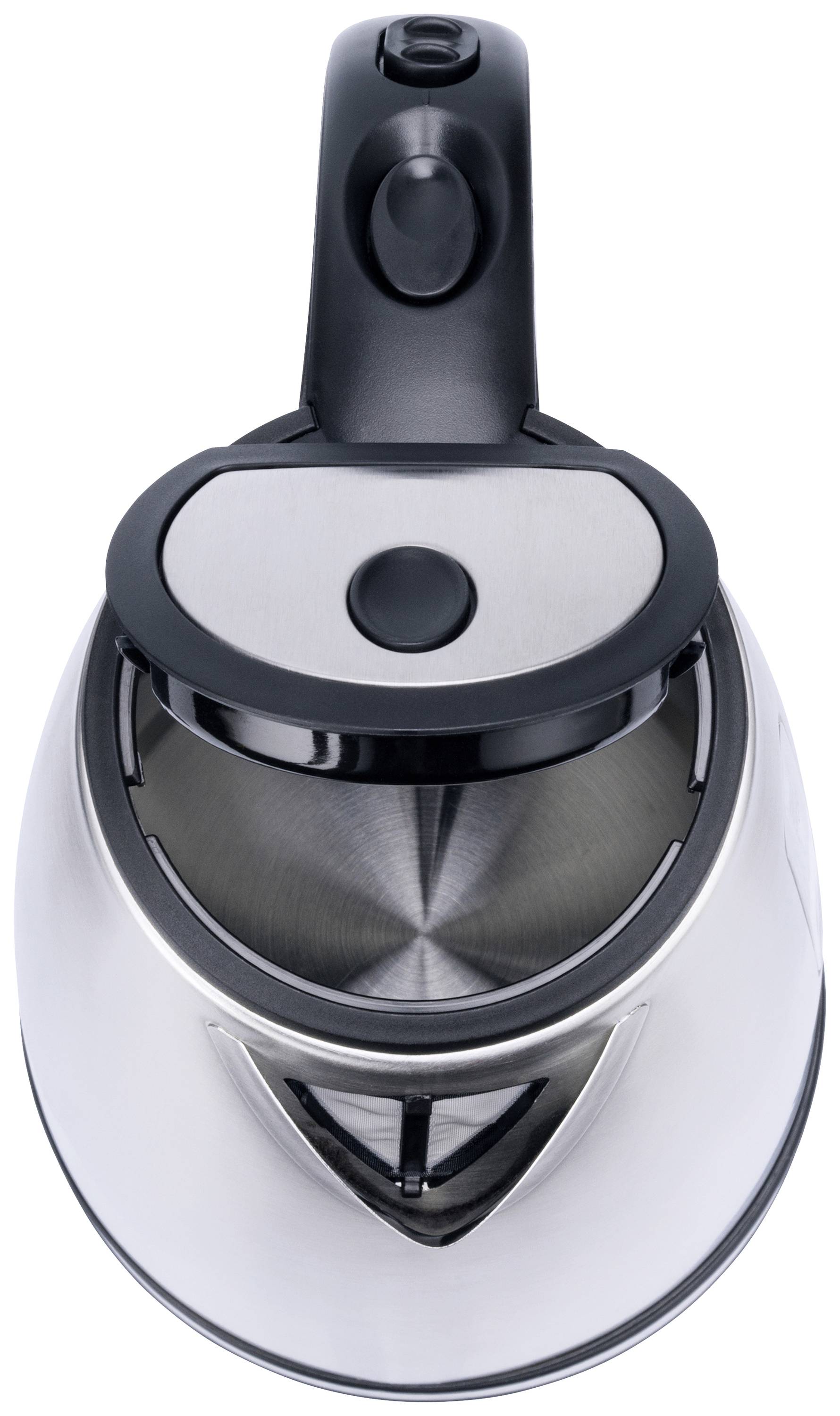 Silver electric kettle with a black handle and lid, viewed from above.