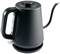 Black electric kettle with gooseneck spout on base, ideal for precise pouring when preparing coffee or tea.