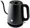 Black electric kettle with curved spout and rounded handle, sits on a circular base with small logo.