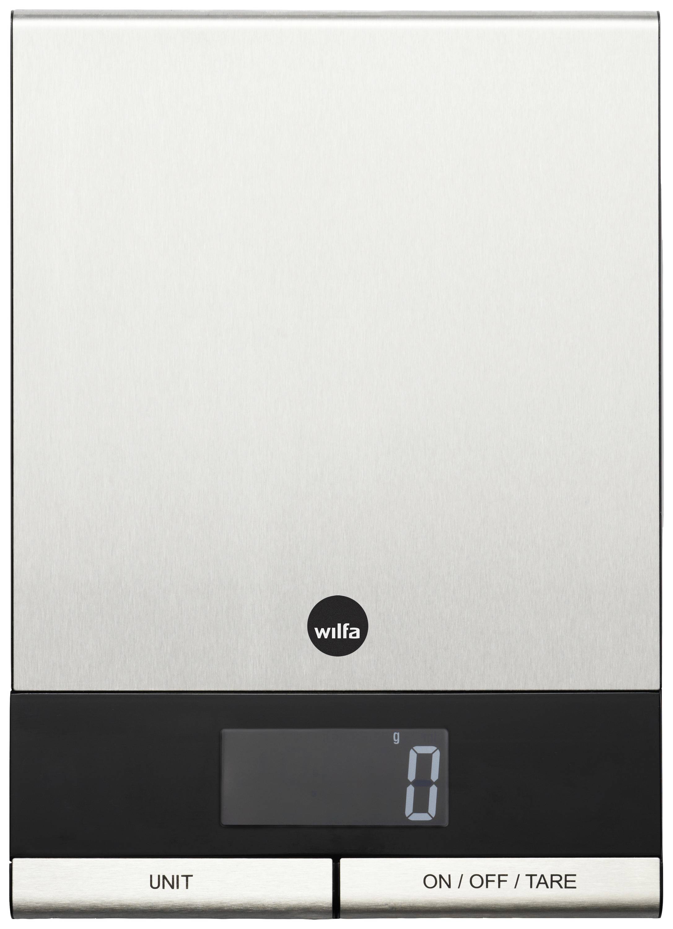 Digital kitchen scales made of stainless steel with a black display. Shows '0' grams. Buttons for units and tare function beneath.