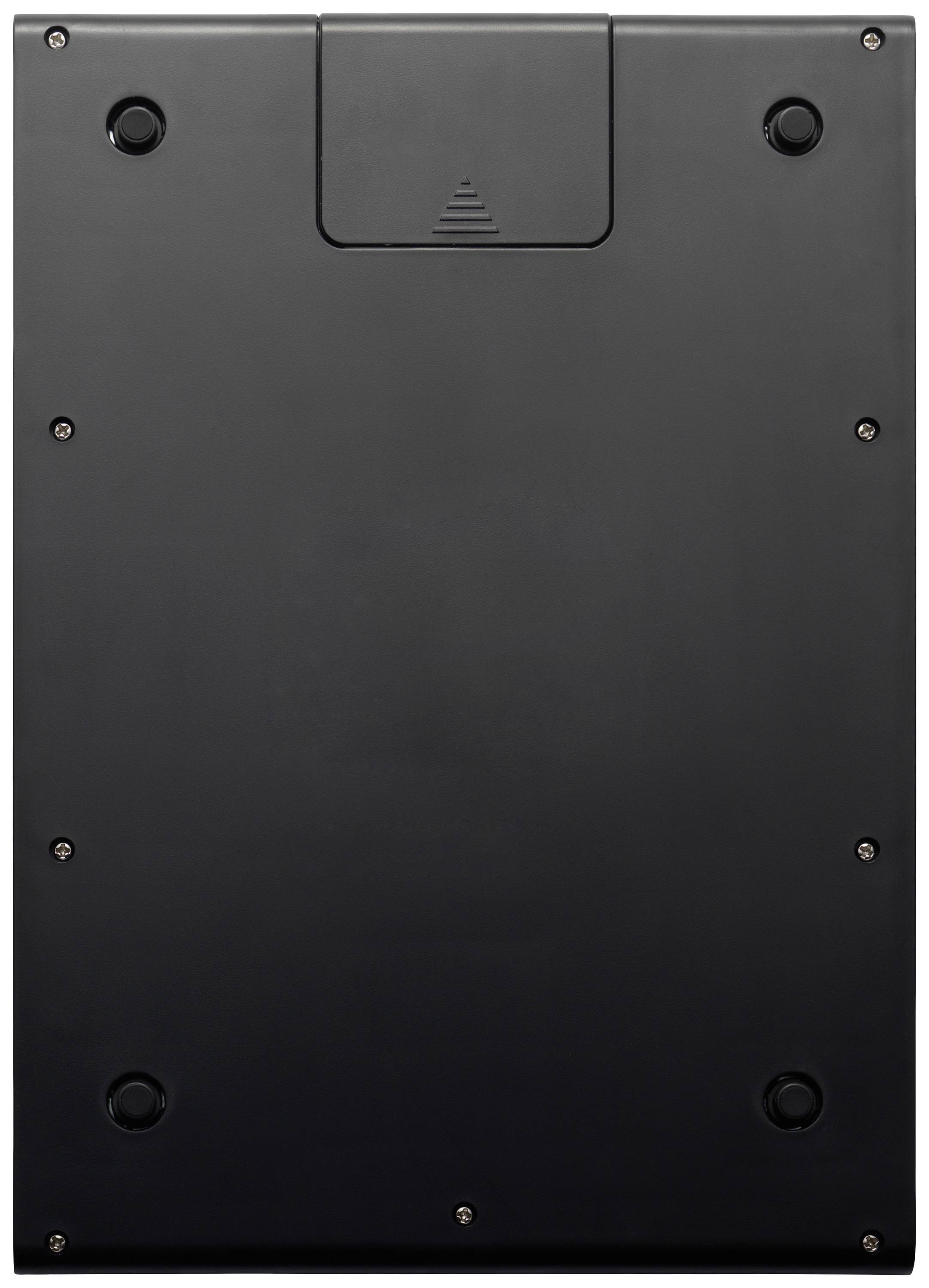 Back of a black electronic device with multiple screws and a small access hatch at the top.