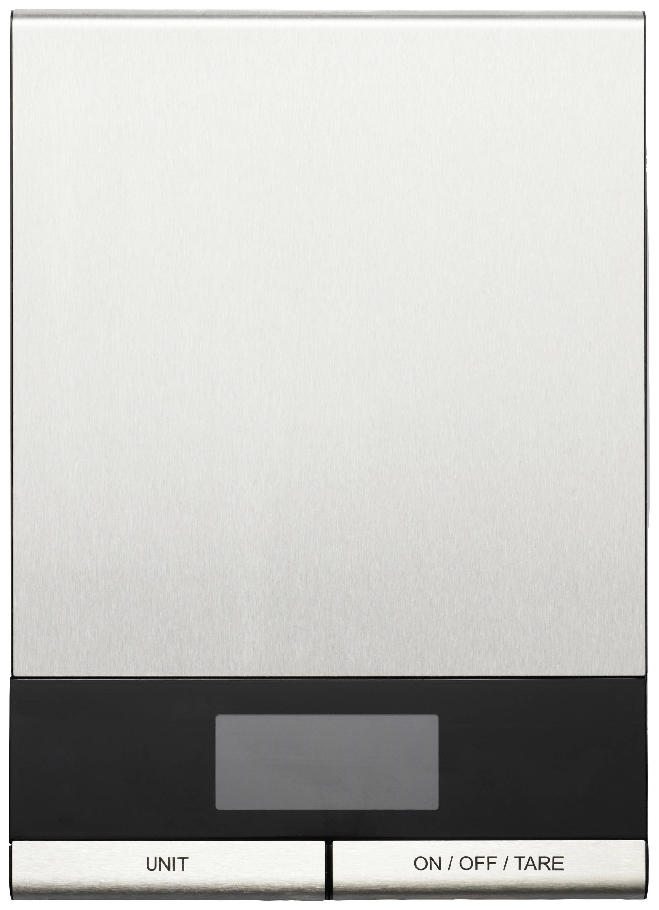 Digital kitchen scales with two buttons: 'Unit' and 'On/Off/Tare'. Silver casing, small digital display at the bottom.