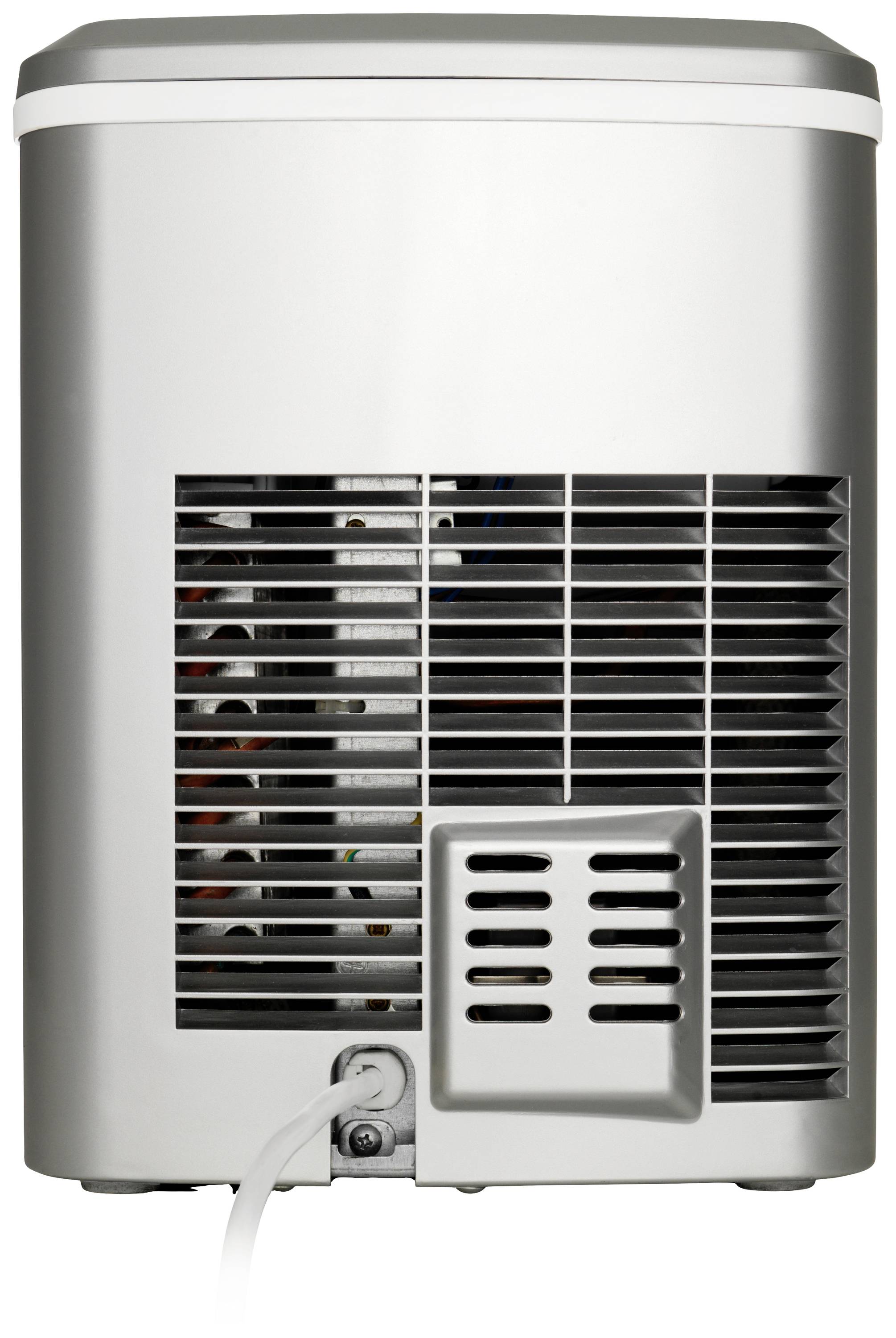 Back of a silver portable air conditioning unit with ventilation grille and power cable at the bottom.