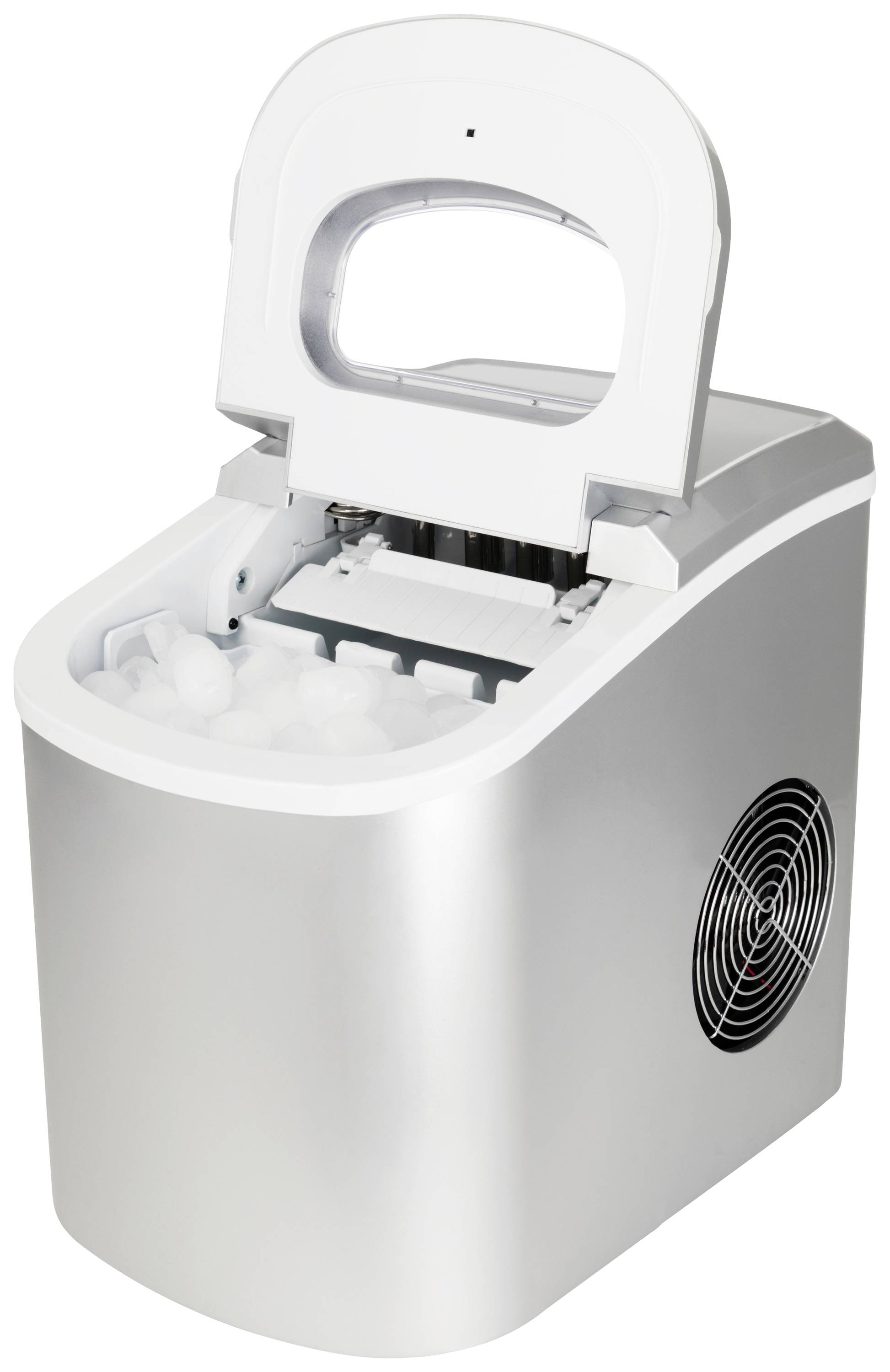 Portable ice maker with open lid, filled with ice cubes, suitable for home use or on the go.