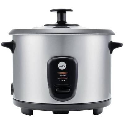 A silver electric rice cooker with a black lid and handles. On the front are the modes 'Warm' and 'Cook'.