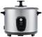 A silver electric rice cooker with a black lid and handles. On the front are the modes 'Warm' and 'Cook'.