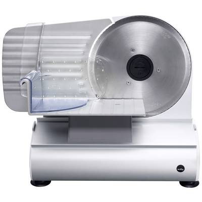 Electric food slicer with sharp metal blade, suitable for precision cutting of foods such as bread, cheese, and cold meats.